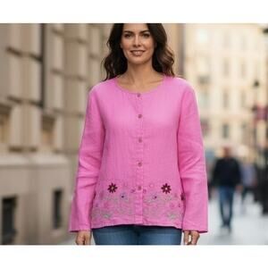 Russ Berens 100% Linen VTG Tunic Artsy Boho Coquette USA Pink Embroidered SZ Med